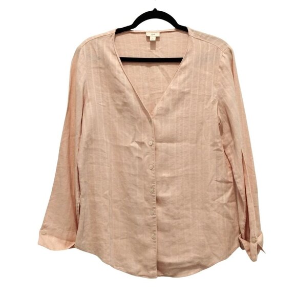 J JILL Blush Pink Jacquard Linen Buttoned V Neck Long Cuffed Sleeve S - Picture 1 of 11